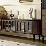 Modern Transitional Arched TV Stand with Tempered Glass and Solid Wood, 3-Storage for Living Room