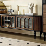 Modern Transitional Arched TV Stand with Tempered Glass and Solid Wood, 3-Storage for Living Room