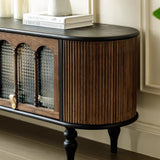 Modern Transitional Arched TV Stand with Tempered Glass and Solid Wood, 3-Storage for Living Room