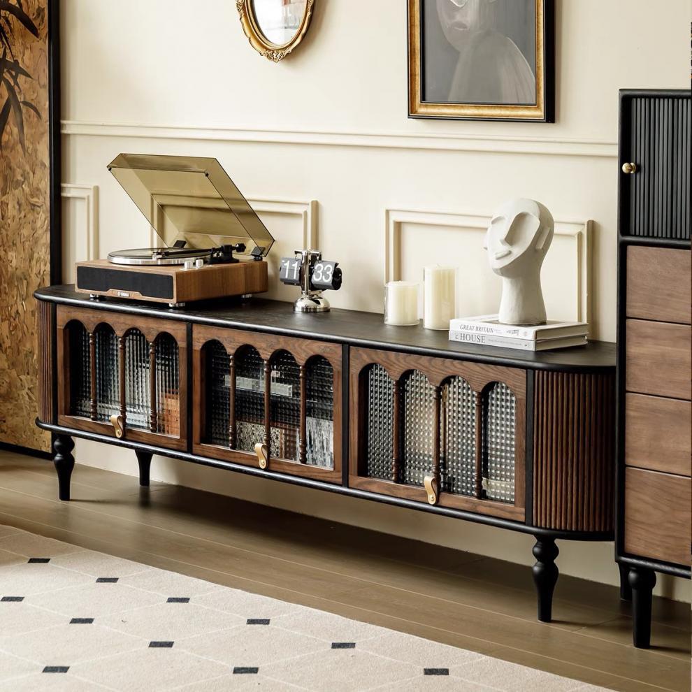 Modern Transitional Arched TV Stand with Tempered Glass and Solid Wood, 3-Storage for Living Room