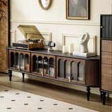 Modern Transitional Arched TV Stand with Tempered Glass and Solid Wood, 3-Storage for Living Room