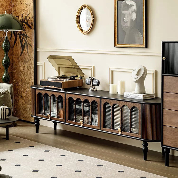 Modern Transitional Arched TV Stand with Tempered Glass and Solid Wood, 3-Storage for Living Room
