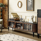 Modern Transitional Arched TV Stand with Tempered Glass and Solid Wood, 3-Storage for Living Room