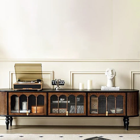 Modern Transitional Arched TV Stand with Tempered Glass and Solid Wood, 3-Storage for Living Room