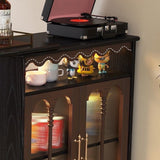 Modern Mid-Century Solid Wood Bar Table with Ball-Turned Legs, Long Rainbow Glass Surface, 4-Tier Shelving for Living Room