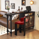 Modern Mid-Century Solid Wood Bar Table with Ball-Turned Legs, Long Rainbow Glass Surface, 4-Tier Shelving for Living Room