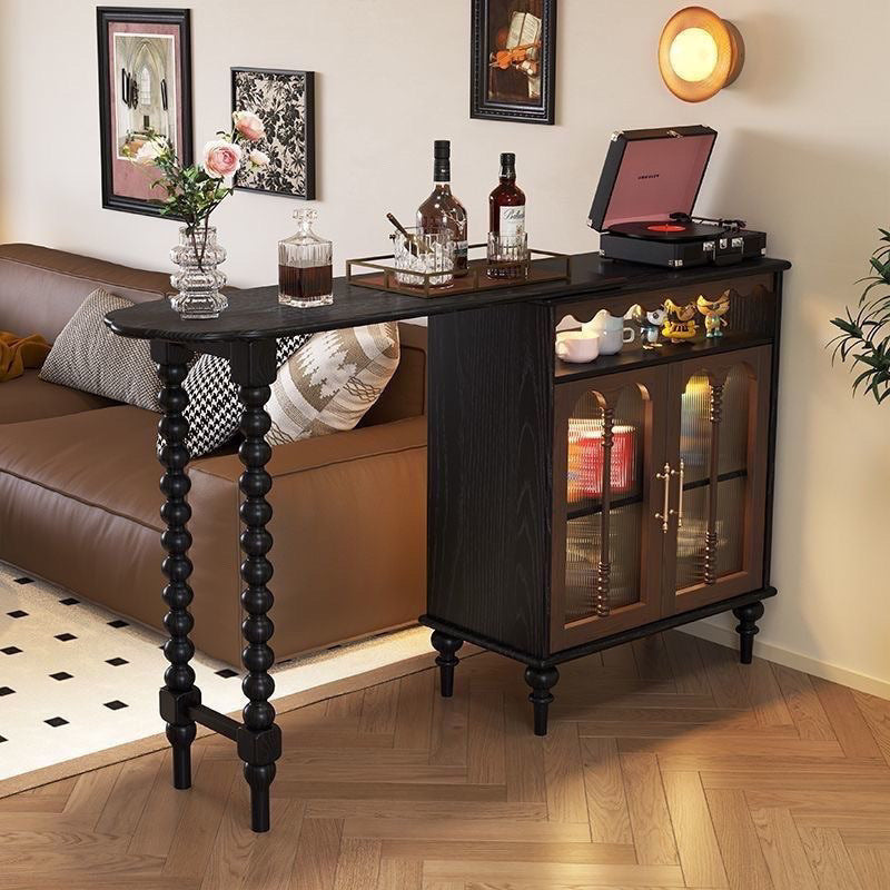 Modern Mid-Century Solid Wood Bar Table with Ball-Turned Legs, Long Rainbow Glass Surface, 4-Tier Shelving for Living Room