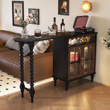 Modern Mid-Century Solid Wood Bar Table with Ball-Turned Legs, Long Rainbow Glass Surface, 4-Tier Shelving for Living Room
