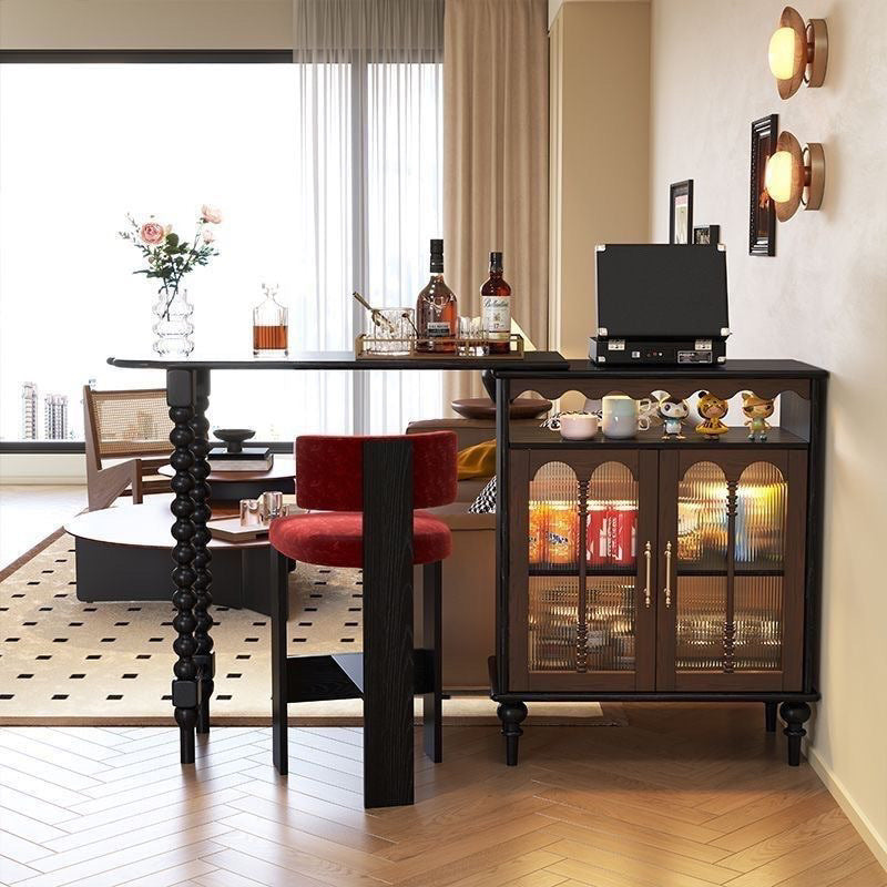 Modern Mid-Century Solid Wood Bar Table with Ball-Turned Legs, Long Rainbow Glass Surface, 4-Tier Shelving for Living Room