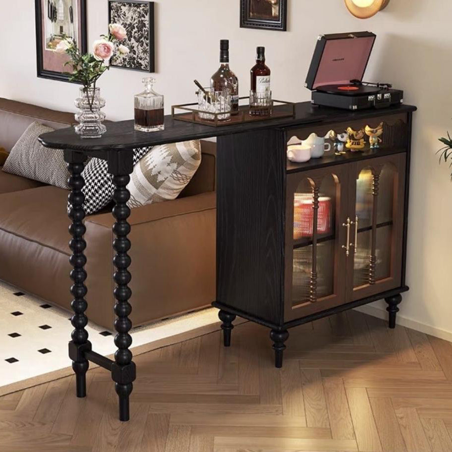 Modern Mid-Century Solid Wood Bar Table with Ball-Turned Legs, Long Rainbow Glass Surface, 4-Tier Shelving for Living Room
