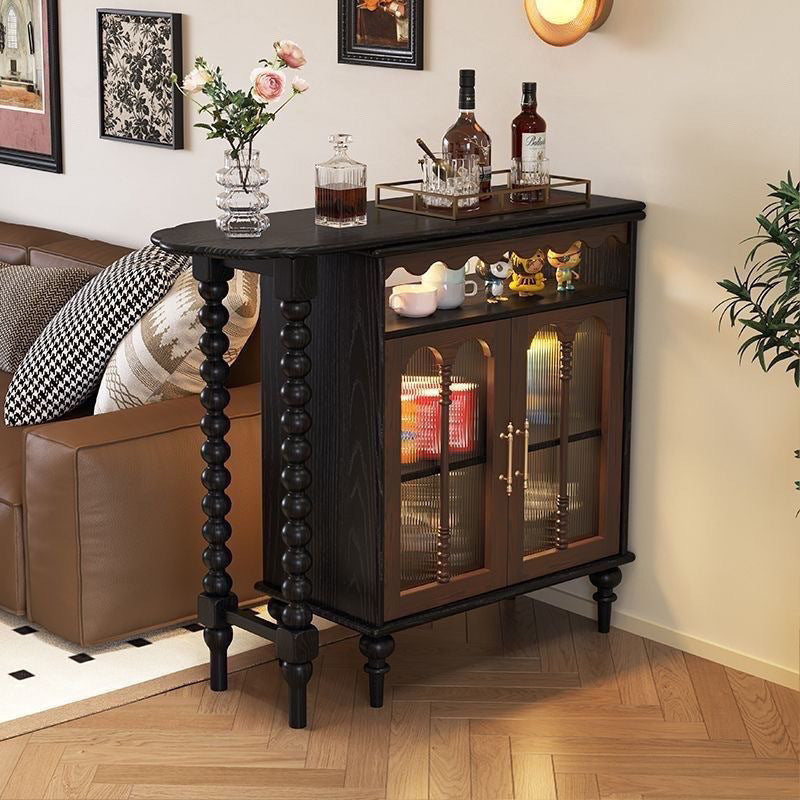 Modern Mid-Century Solid Wood Bar Table with Ball-Turned Legs, Long Rainbow Glass Surface, 4-Tier Shelving for Living Room