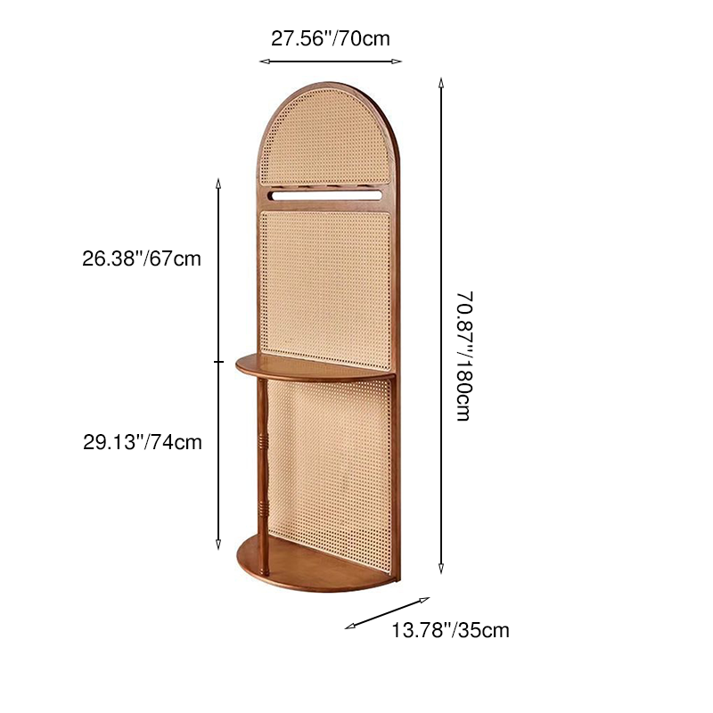Mid-Century Modern Arched Solid Wood Rattan Weaving Display Rack, 2-Tier Living Room Shelf
