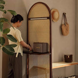 Mid-Century Modern Arched Solid Wood Rattan Weaving Display Rack, 2-Tier Living Room Shelf