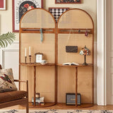 Mid-Century Modern Arched Solid Wood Rattan Weaving Display Rack, 2-Tier Living Room Shelf