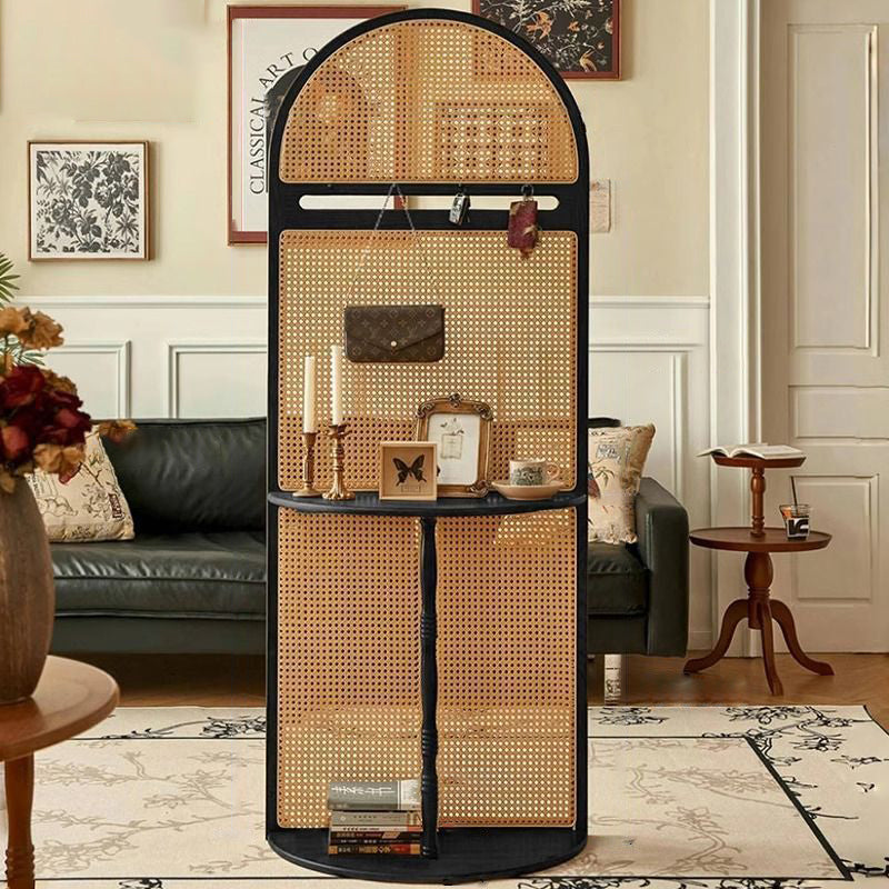 Mid-Century Modern Arched Solid Wood Rattan Weaving Display Rack, 2-Tier Living Room Shelf