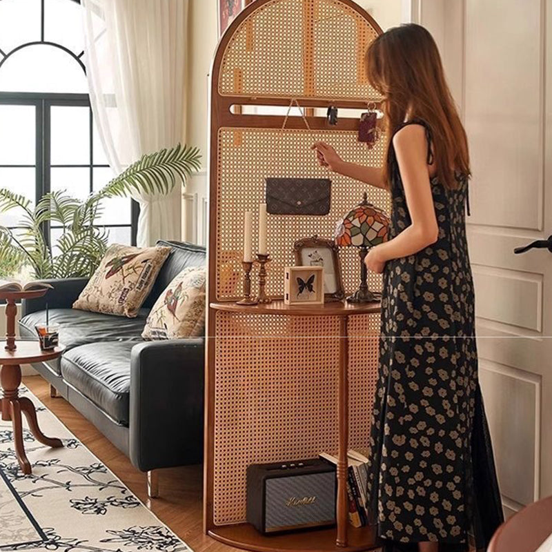 Mid-Century Modern Arched Solid Wood Rattan Weaving Display Rack, 2-Tier Living Room Shelf