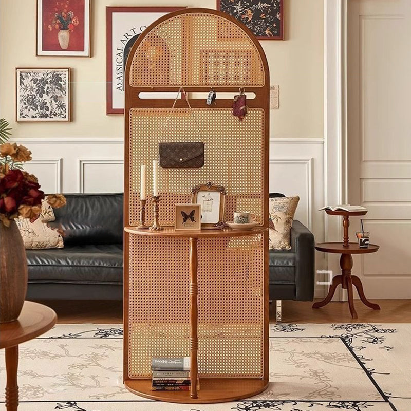 Mid-Century Modern Arched Solid Wood Rattan Weaving Display Rack, 2-Tier Living Room Shelf
