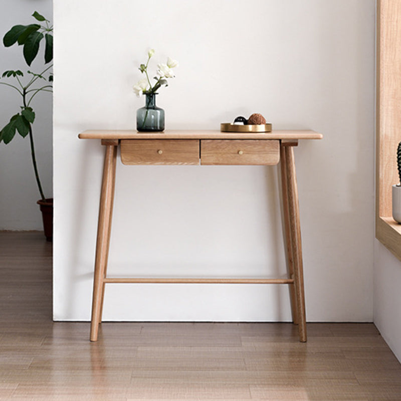 Traditional Japanese-Inspired Solid Wood Console Table with Rounded Corners, Rectangular Design, Half-Drawer for Living Room or Entryway