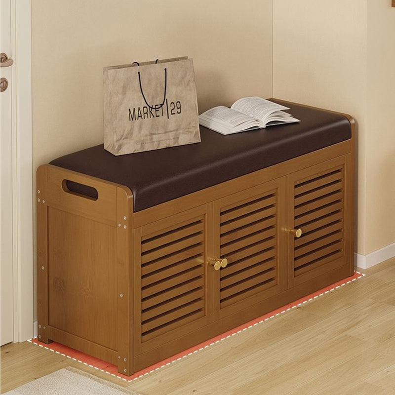 Modern Minimalist Rectangular Bamboo Faux Leather Shoe Bench — 2-, 3-, or 4-Cabinet Configurations for Entryway