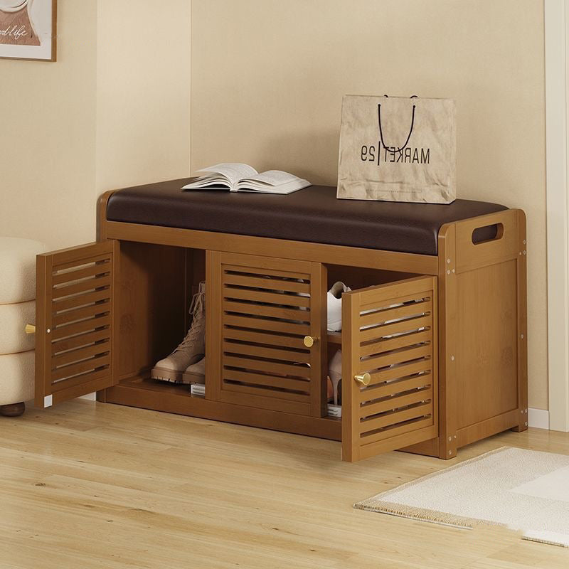 Modern Minimalist Rectangular Bamboo Faux Leather Shoe Bench — 2-, 3-, or 4-Cabinet Configurations for Entryway