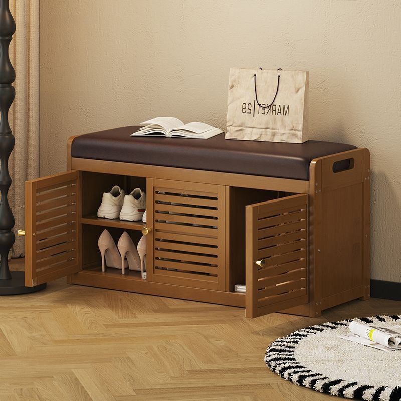 Modern Minimalist Rectangular Bamboo Faux Leather Shoe Bench — 2-, 3-, or 4-Cabinet Configurations for Entryway
