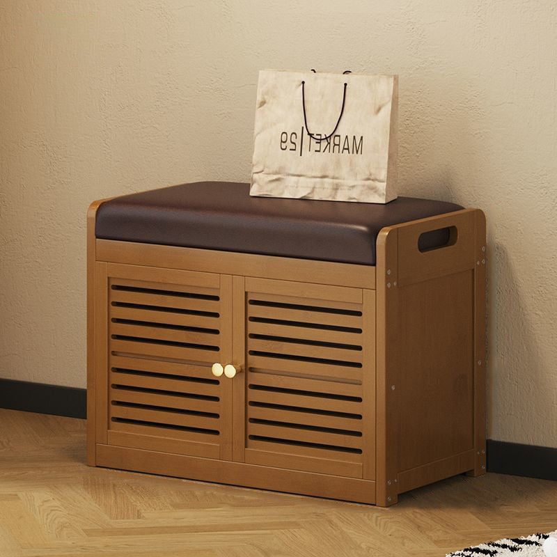 Modern Minimalist Rectangular Bamboo Faux Leather Shoe Bench — 2-, 3-, or 4-Cabinet Configurations for Entryway