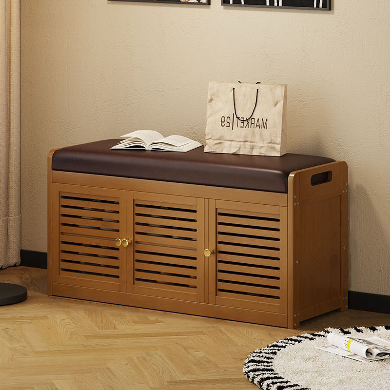 Modern Minimalist Rectangular Bamboo Faux Leather Shoe Bench — 2-, 3-, or 4-Cabinet Configurations for Entryway