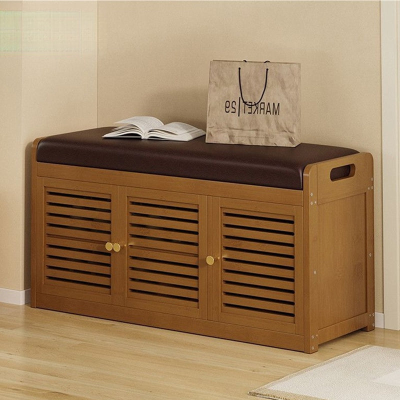 Modern Minimalist Rectangular Bamboo Faux Leather Shoe Bench — 2-, 3-, or 4-Cabinet Configurations for Entryway