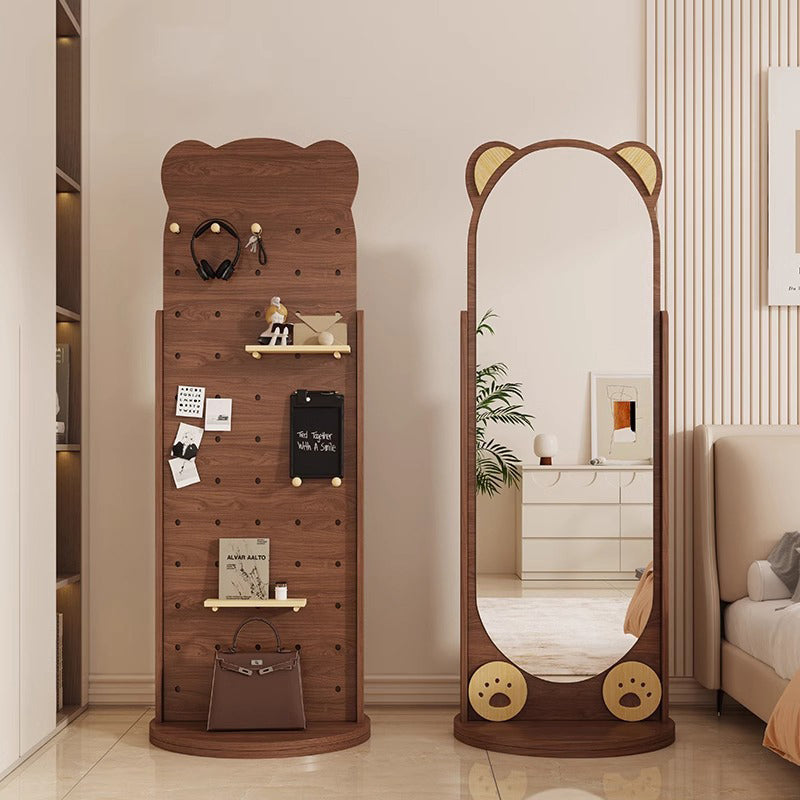 Contemporary Bear-Shaped Rectangular Rubberwood Rotating 3-Tier Storage Shelf with Mirror - Bedroom Organizer