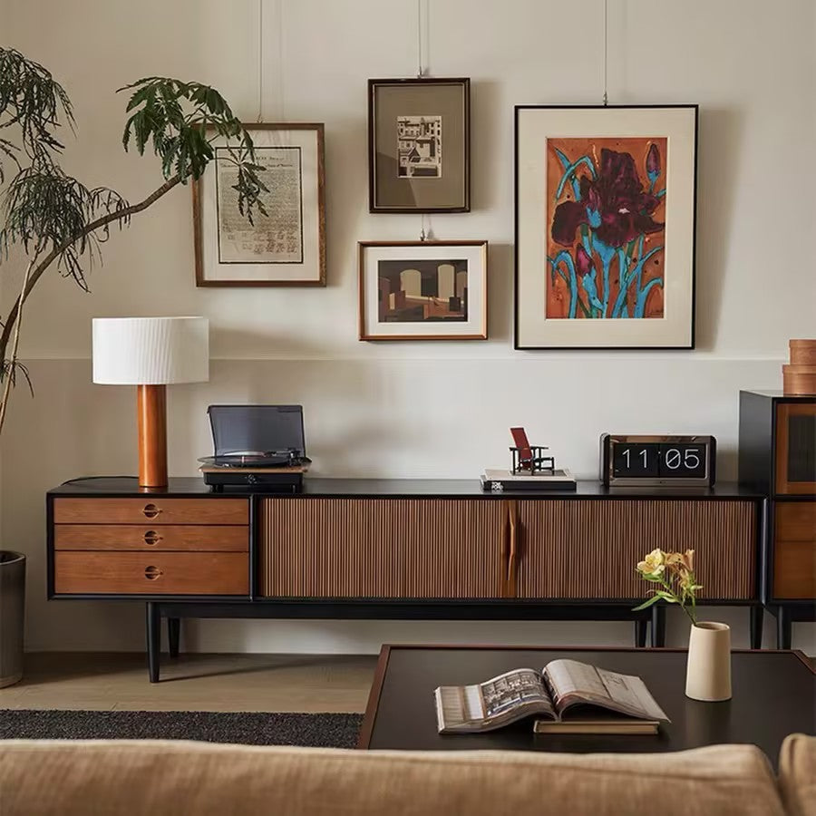 Contemporary Retro Ash Wood Plywood TV Stand – Rectangular Design with 3 Drawers & 3 Shelves for Living Room