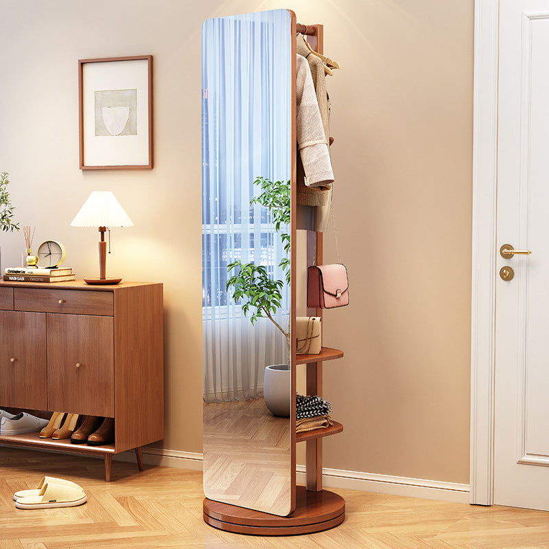 Modern Minimalist Rectangular Solid-Wood Hall Tree — Rotating, Movable with Mirror and 3-Tier Storage for Bedroom & Entryways