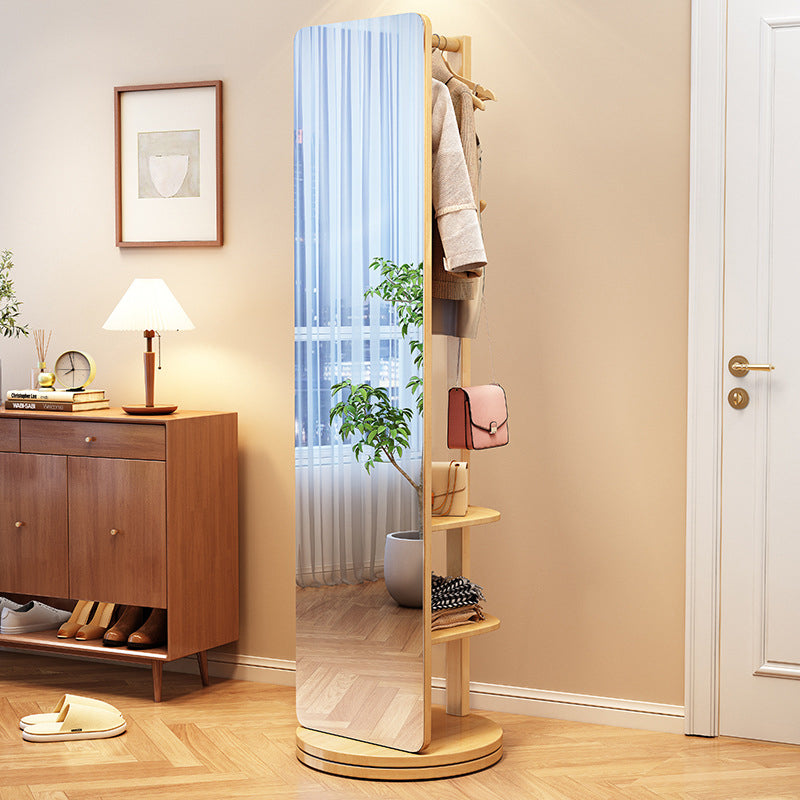 Modern Minimalist Rectangular Solid-Wood Hall Tree — Rotating, Movable with Mirror and 3-Tier Storage for Bedroom & Entryways