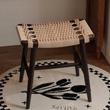 Traditional Rustic Rectangular Solid Wood Vanity Stool – Backless & Armless with Kraft Paper Rope Accent, Perfect Bedroom Décor