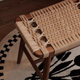 Traditional Rustic Rectangular Solid Wood Vanity Stool – Backless & Armless with Kraft Paper Rope Accent, Perfect Bedroom Décor