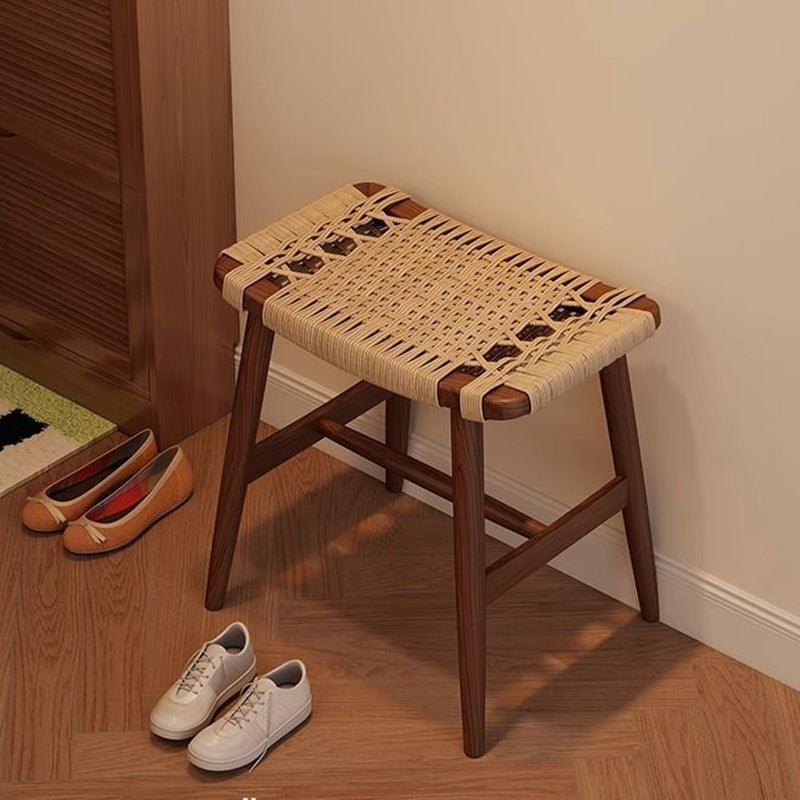 Traditional Rustic Rectangular Solid Wood Vanity Stool – Backless & Armless with Kraft Paper Rope Accent, Perfect Bedroom Décor