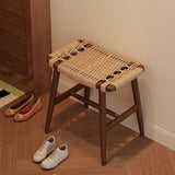 Traditional Rustic Rectangular Solid Wood Vanity Stool – Backless & Armless with Kraft Paper Rope Accent, Perfect Bedroom Décor