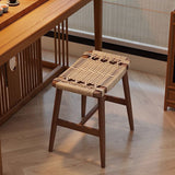 Traditional Rustic Rectangular Solid Wood Vanity Stool – Backless & Armless with Kraft Paper Rope Accent, Perfect Bedroom Décor