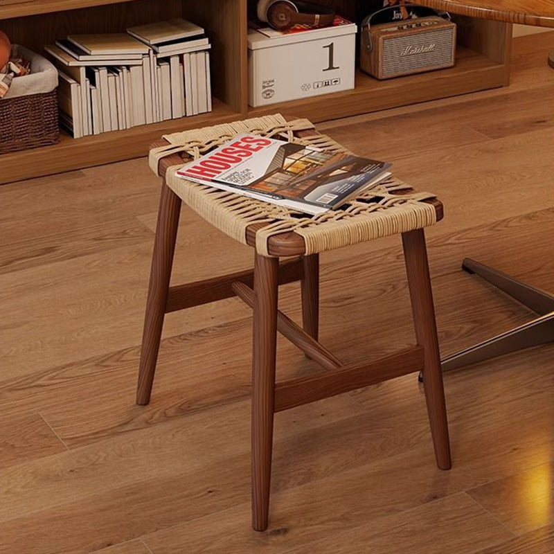 Traditional Rustic Rectangular Solid Wood Vanity Stool – Backless & Armless with Kraft Paper Rope Accent, Perfect Bedroom Décor