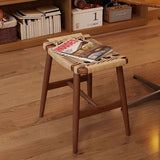 Traditional Rustic Rectangular Solid Wood Vanity Stool – Backless & Armless with Kraft Paper Rope Accent, Perfect Bedroom Décor