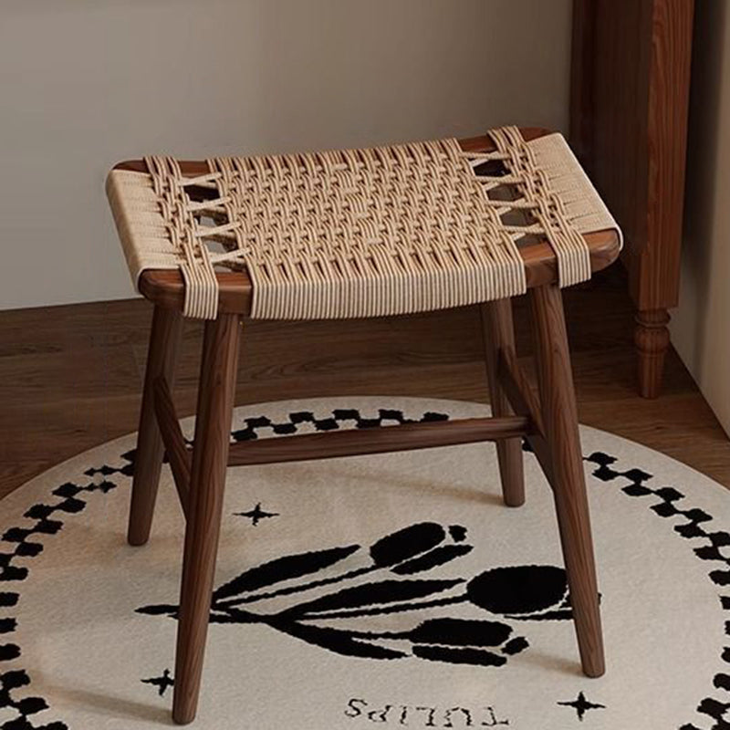 Traditional Rustic Rectangular Solid Wood Vanity Stool – Backless & Armless with Kraft Paper Rope Accent, Perfect Bedroom Décor