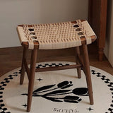 Traditional Rustic Rectangular Solid Wood Vanity Stool – Backless & Armless with Kraft Paper Rope Accent, Perfect Bedroom Décor