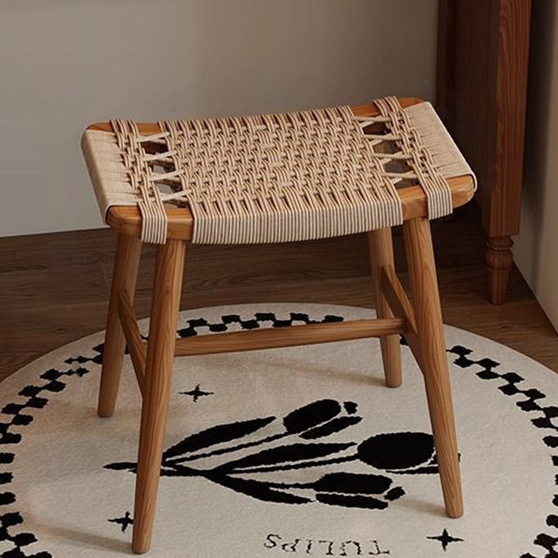 Traditional Rustic Rectangular Solid Wood Vanity Stool – Backless & Armless with Kraft Paper Rope Accent, Perfect Bedroom Décor
