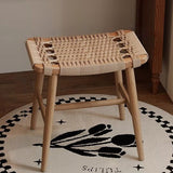 Traditional Rustic Rectangular Solid Wood Vanity Stool – Backless & Armless with Kraft Paper Rope Accent, Perfect Bedroom Décor