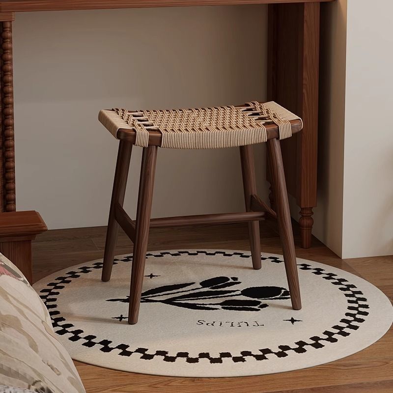 Traditional Rustic Rectangular Solid Wood Vanity Stool – Backless & Armless with Kraft Paper Rope Accent, Perfect Bedroom Décor