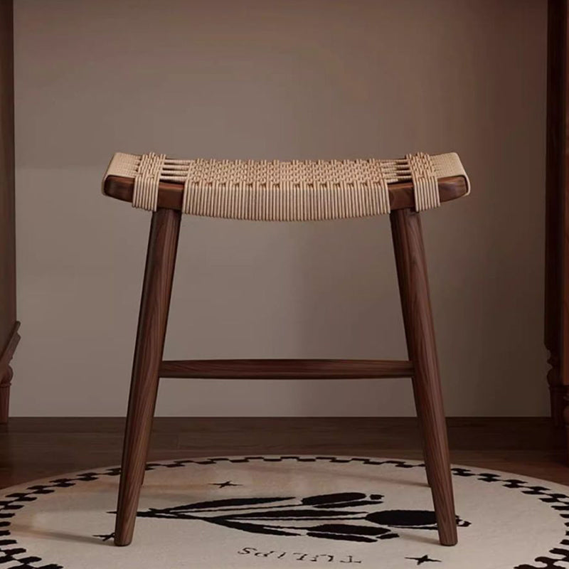 Traditional Rustic Rectangular Solid Wood Vanity Stool – Backless & Armless with Kraft Paper Rope Accent, Perfect Bedroom Décor