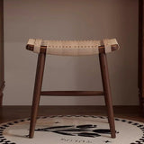 Traditional Rustic Rectangular Solid Wood Vanity Stool – Backless & Armless with Kraft Paper Rope Accent, Perfect Bedroom Décor