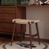 Traditional Rustic Rectangular Solid Wood Vanity Stool – Backless & Armless with Kraft Paper Rope Accent, Perfect Bedroom Décor