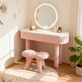 Contemporary Bow-Shaped Lambswool Vanity Stool in Solid Wood — Backless & Armless, Bedroom-Ready