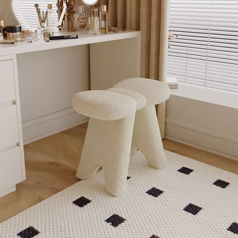 Contemporary Bow-Shaped Lambswool Vanity Stool in Solid Wood — Backless & Armless, Bedroom-Ready
