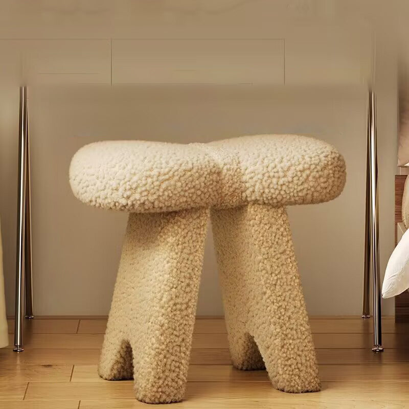 Contemporary Bow-Shaped Lambswool Vanity Stool in Solid Wood — Backless & Armless, Bedroom-Ready